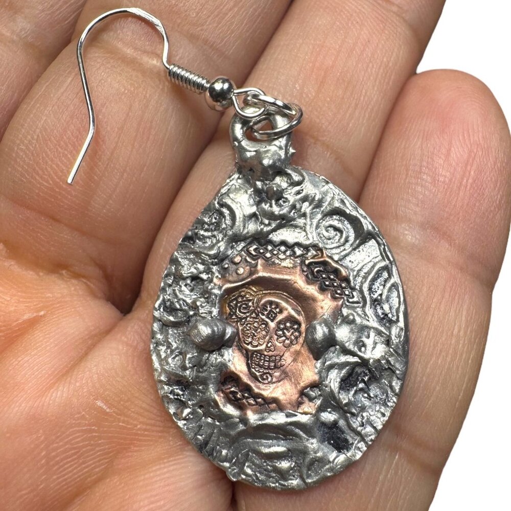 Artisan Mixed Metal Sugar Skull Earrings 925 Silver Hooks Silver Blend Metalwork - Picture 6 of 13